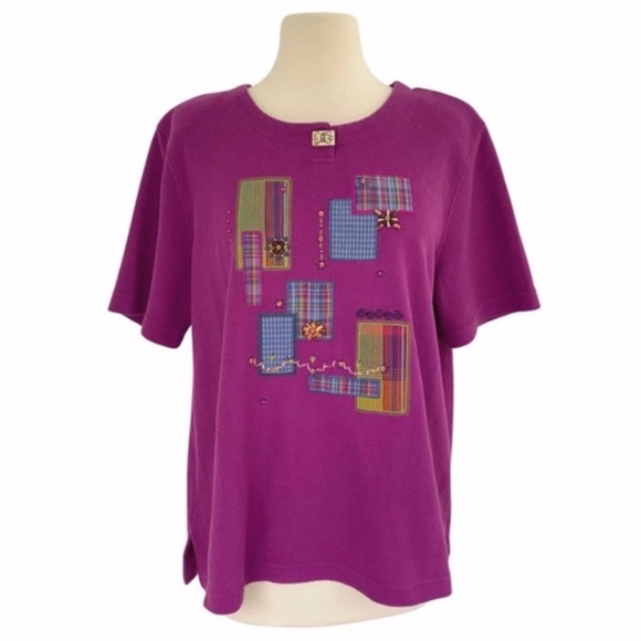 Vintage Koret City Blues Mixed Prints Appliqué Beaded Top Large - Picture 1 of 7